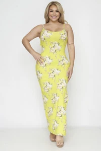 Womens Plus Size Neon Yellow Floral Maxi Dress 1XL Summer Travel Stretch - Picture 1 of 2