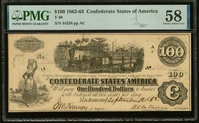 T-40 1862 Confederate States $100 Civil War TALLAHASSEE FL Currency, PMG ChAU 58 - Image 1 of 4