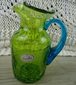 Vintage Regenbogen Crackle Glas Krug blau grüner Griff 4,5" buntes launisches Dekor - Bild 1 von 6