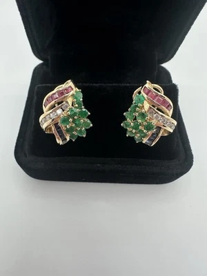 14k Yellow Gold Natural (Diamond Ruby Saphire & Emerald) Omega Back Earrings - Image 1 of 4