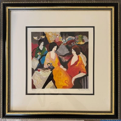 Tarkay Itzchak Tres Mujeres en un Café Serigrafía Galería Enmarcada 9/350 Marco Firmado Foto 1 de 3