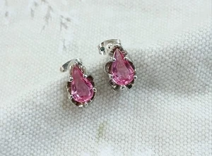 Vtg Simulated Pink Sapphire Teardrop Sterling Silver 925 Stud Earrings 5/8 Inch - Picture 1 of 10