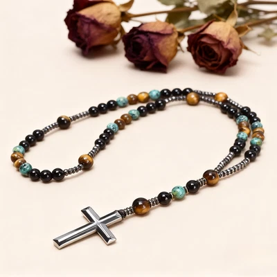 Turquoise Mala Prayer Necklace Tiger Eye Bead Christ Hematite Cross Pendant Gift - Image 1 of 4