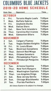 2019-20 NHL' COLUMBUS BLUE JACKETS Hockey Card Home Schedule - Picture 1 of 3