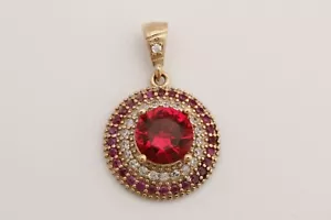 Turkish Handmade Jewelry Small Round Pink Ruby Topaz 925 Sterling Silver Pendant - Picture 1 of 6