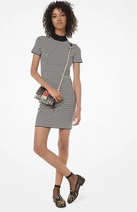 Michael Kors Striped Stretch Viscose Mock Neck Dress Black/Bone XXS - Bild 1 von 5