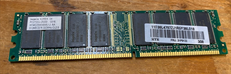 512MB Hynix DDR1 RAM PC2700U 333MHz CL2.5 HYMD264646A8J-J AA Memory - Image 1 of 4