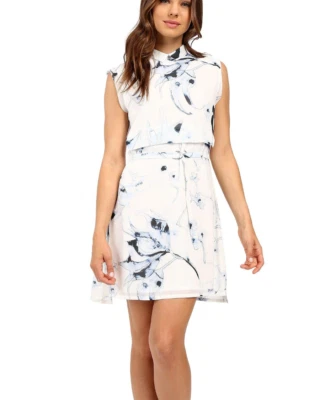 $248 NUEVO CON ETIQUETAS DIESEL Talla M D-LETO-B VESTIDO DE GASA SIN MANGAS CON CINTURÓN BLANCO MULTI Foto 1 de 4