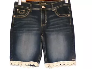 Jordache Sz 16 Girl Distressed Lace Hem Denim Jean Shorts Blue Dark Wash - Picture 1 of 8