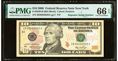 2006 $10 FRN Fancy Super Repeater Serial# 20202020 PMG GEM 66 EPQ 20/20 Vision - Image 1 of 2