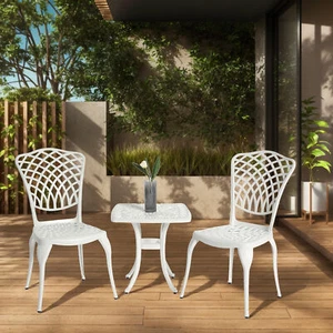 3 Piece Outdoor Furniture Sets 2 Chairs + 1 Round Table Aluminum Rustproof White - Picture 1 of 10
