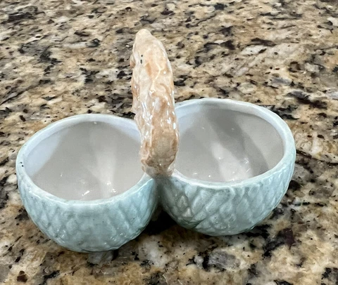 Vintage Porcelain Green Double Basket With Handle Cover