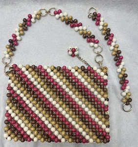 Purse Brown Pink Wooden Beads 1960’s Marcus Brothers Of Miami Made In Japan 9x6 - Picture 1 of 3