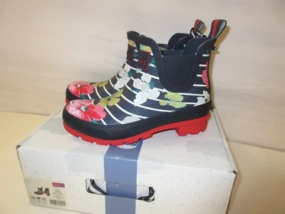 NUEVO EN CAJA Joules Botas de Lluvia Impermeables al Tobillo Wellibob Mujeres Talla 11 Azul Rayas Floral Foto 1 de 4