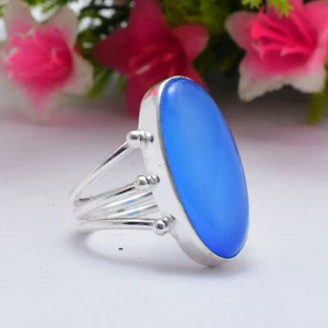 Blu Calcedonio Gemma 925 Argento Sterling Natale Anello Tutte le Misure - Foto 1 di 3