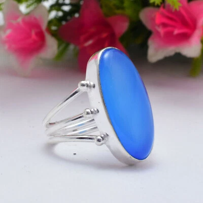 Blu Calcedonio Gemma 925 Argento Sterling Natale Anello Tutte le Misure - Immagine 1 di 3