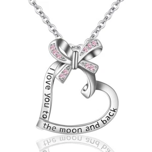 925 Sterling Silver CZ Heart Pendant Engraved Love Message Tarnish-Free Necklace - Picture 1 of 10