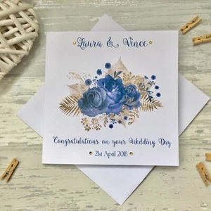Personalised Blue Floral Engagement Wedding 1st Anniversary Card Mr & Mrs - Picture 1 of 5