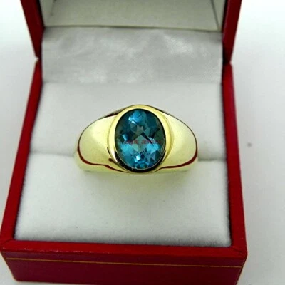 Natural Blue Topaz Gemstone With 14K Gold Plated Silver Ring for Men's #608 - Image 1 of 4
