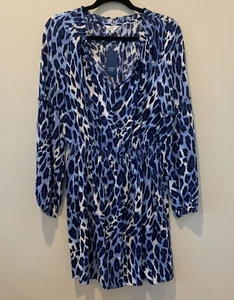 Crown & Ivy $89.50 Long Sleeve Ruffle Neck Peasant Dress Animal Print Blue Sz M - Picture 1 of 8