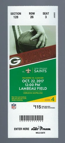 2017 NFL NEW ORLEANS SAINTS @ GREEN BAY PACKERS  FULL UNUSED FOOTBALL TICKET Cover
