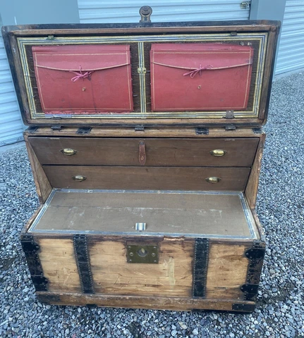 1867 Upright Travel Steamer Trunk Luggage Antique Cover