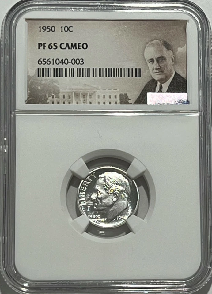 1950 NGC PF65 Cameo Proof Roosevelt Dime 10c Portrait Label - Image 1 of 3