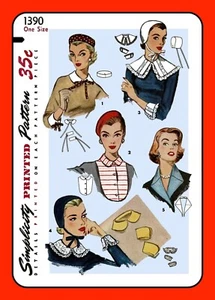 COLLARS Cuffs DICKEY Hat BERET Accessories Simplicity 1390 VTG 1955 Sew Pattern - Picture 1 of 5
