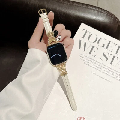 For Apple Watch 7 6 5 4 8 41 40 45 44MM Rhinestones Butterfly Leather Band Strap - Image 1 of 4