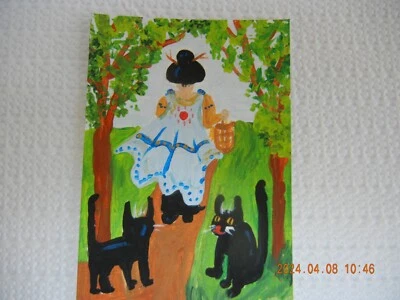 Pintura Acrílica sobre Papel ACEO Original Asiática Mujer y Gatos Saliendo del Bosque Foto 1 de 4
