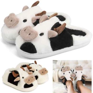 Fluffy Cow Print Animal Slippers - Warm Non-Slip Cartoon Home Shoes for Women - Picture 1 of 14
