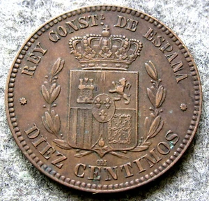 SPAIN ALFONSO XII 1878 OM 10 CENTIMOS, Crowned Coat of Arms Bronze km# 675 - Picture 1 of 6
