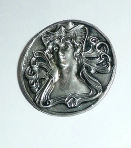 Large Art Nouveau Style Pewter Metal Shank Button 35mm Elegant Lady Button - Picture 1 of 8