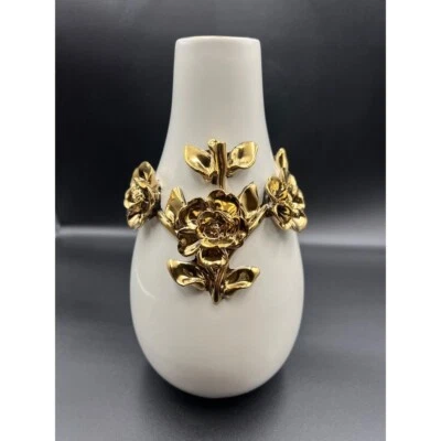 Beautiful White Vase with Gold Floral Appliqués 11” Tall Elegant Home Decor - Image 1 of 4