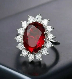 4Ct Oval Lab Created Red Ruby & Diamond Engagement Ring 14K White Gold Plated - Picture 1 of 8