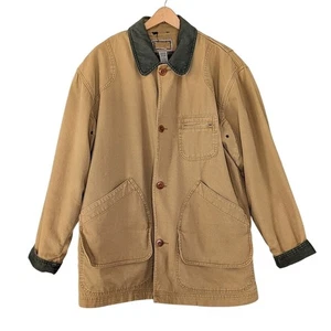 LL Bean Chore Barn Coat Tan Canvas Wool Flannel Lined Jacket Green Collar Mens L - Picture 1 of 11