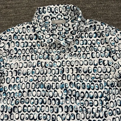 Habitat Shirt Women Large Blue White Geometric Button Up Top Lagenlook Oxford - Image 1 of 4