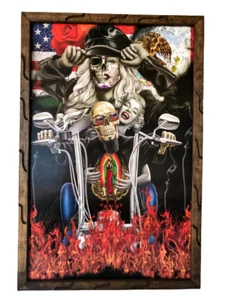 Skull Skeleton in Motorcycle, Eskeleto Imagen Cuadro Rustico 36"x24" Madera,New - Picture 1 of 2
