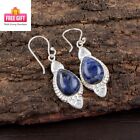 Natural Sodalite Gemstone Handcrafted Jewelry 925 Sterling Silver Earrings 1.8"