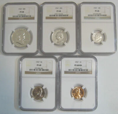 Blast White 1957 Proof Set - all 5 coins grade NGC PR68, PF68, PR 68 - Image 1 of 2