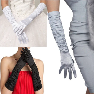 Satin Gloves Long Elegant Pleated Stretchy Evening Opera Party 20s Party Gloves - Image 1 of 4
