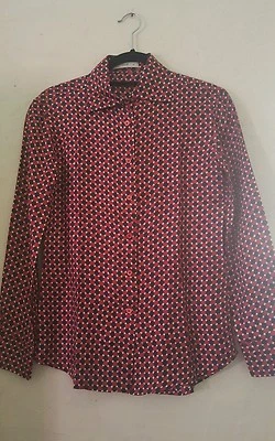 Ended PRADA Red, Blue, & Ivory Geometric Print Silk Blouse 38 - Image 1 of 4