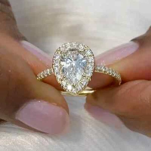 1.95 TCW Pear Cut Moissanite Halo Proposal Engagement Ring Solid 9K Yellow Gold - Picture 1 of 7