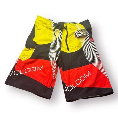 Volcom Red Yellow Board Shorts Size 32" 2 Way Stretch Swim Trunks Retro BNWT - Image 1 of 4