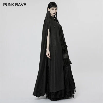 Punk Rave Women Black Gothic Printed Lapel Chiffon Lace Applique Cosplay Cloak - Image 1 of 4