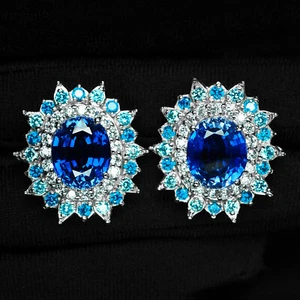 Brilliant Royal Blue Sapphire Oval 12.80Ct 925 Sterling Silver Handmade Earrings - Picture 1 of 5