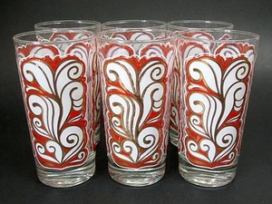 Set of 6 Vintage Mid Century Retro Glass Tumblers Golden White Feathery Scroll - Bild 1 von 2