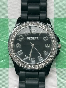 Geneva Black And Silver Tone Rhinestone Bezel Women’s Quartz Watch - Picture 1 of 8