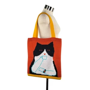 Kit-Tea Cat Drinking Tea Knit Tote Bag Orange & Yellow Whimsical Fun Colorful - Picture 1 of 7