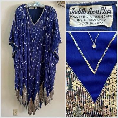Vestido Judith Ann Años 80 Lentejuelas de Seda Zig Zag Caftán Brillante Dobladillo Diente de Tiburón De Colección Foto 1 de 4